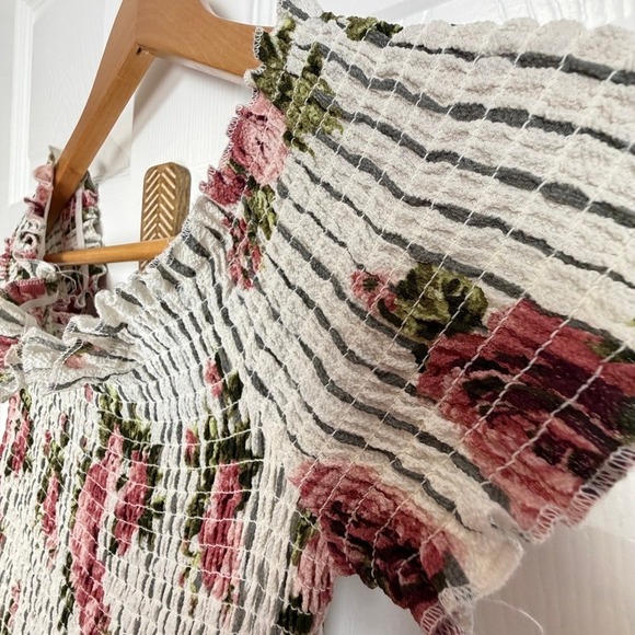 For Justice Romper Maxi Dress White Black Stripe Floral Smocked Off Shoulder L - Picture 11 of 12